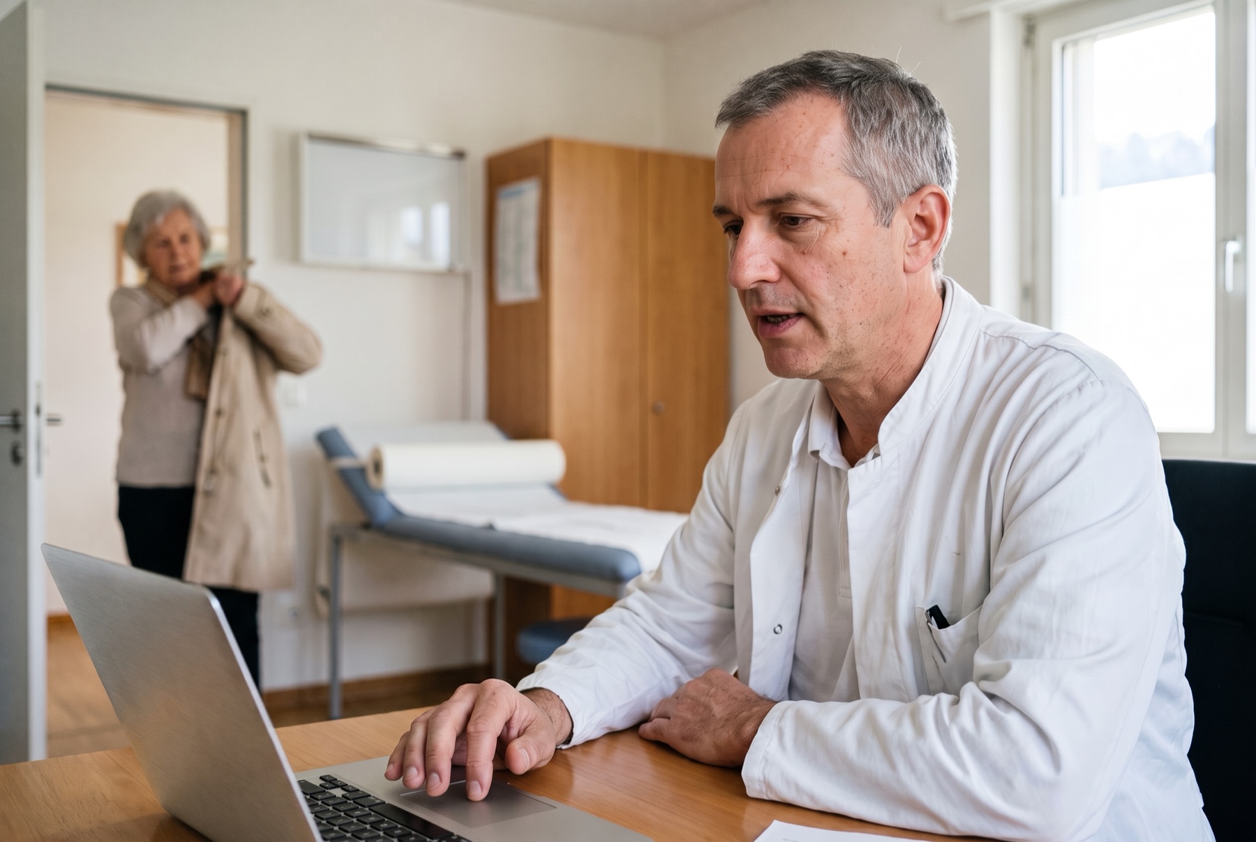 Ein Hausarzt diktiert nach der Sprechstunde seinen Bericht, im Hintergrund zieht die Patientin ihren Mantel an.