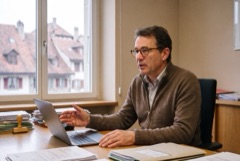 Ein Verwaltungsangestellter diktiert in seinem Büro mit Blick auf eine Altstadt.