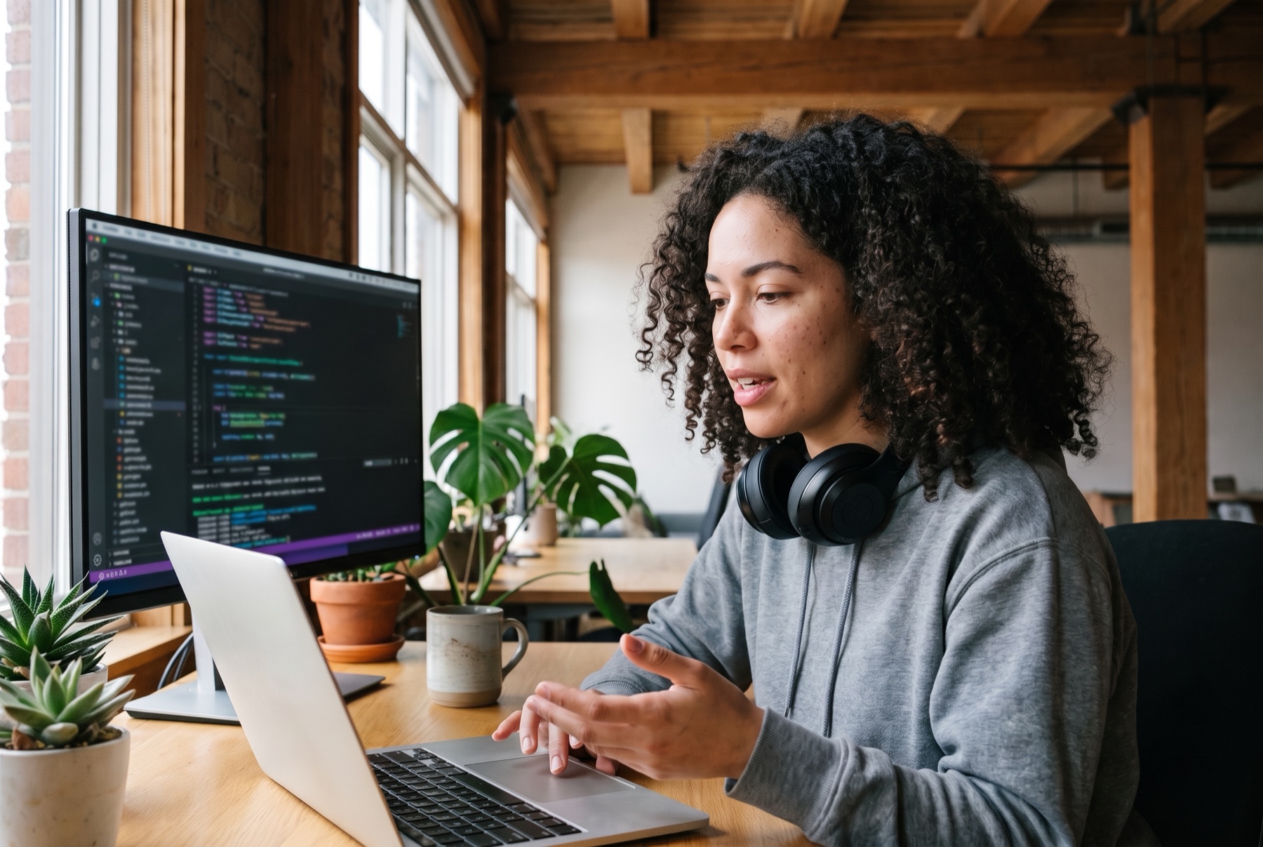 Eine Entwicklerin diktiert an ihrem Laptop, daneben ein Bildschirm mit Code.