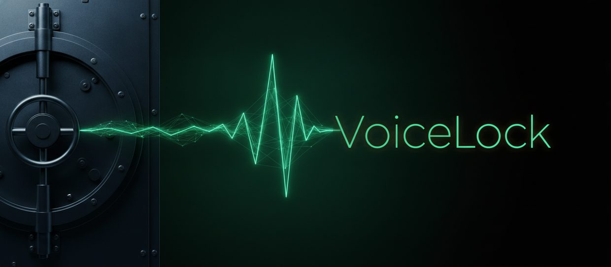VoiceLock – eine dunkle Tresortür, aus deren Schloss eine grüne Stimmkurve in das Wort VoiceLock fliesst